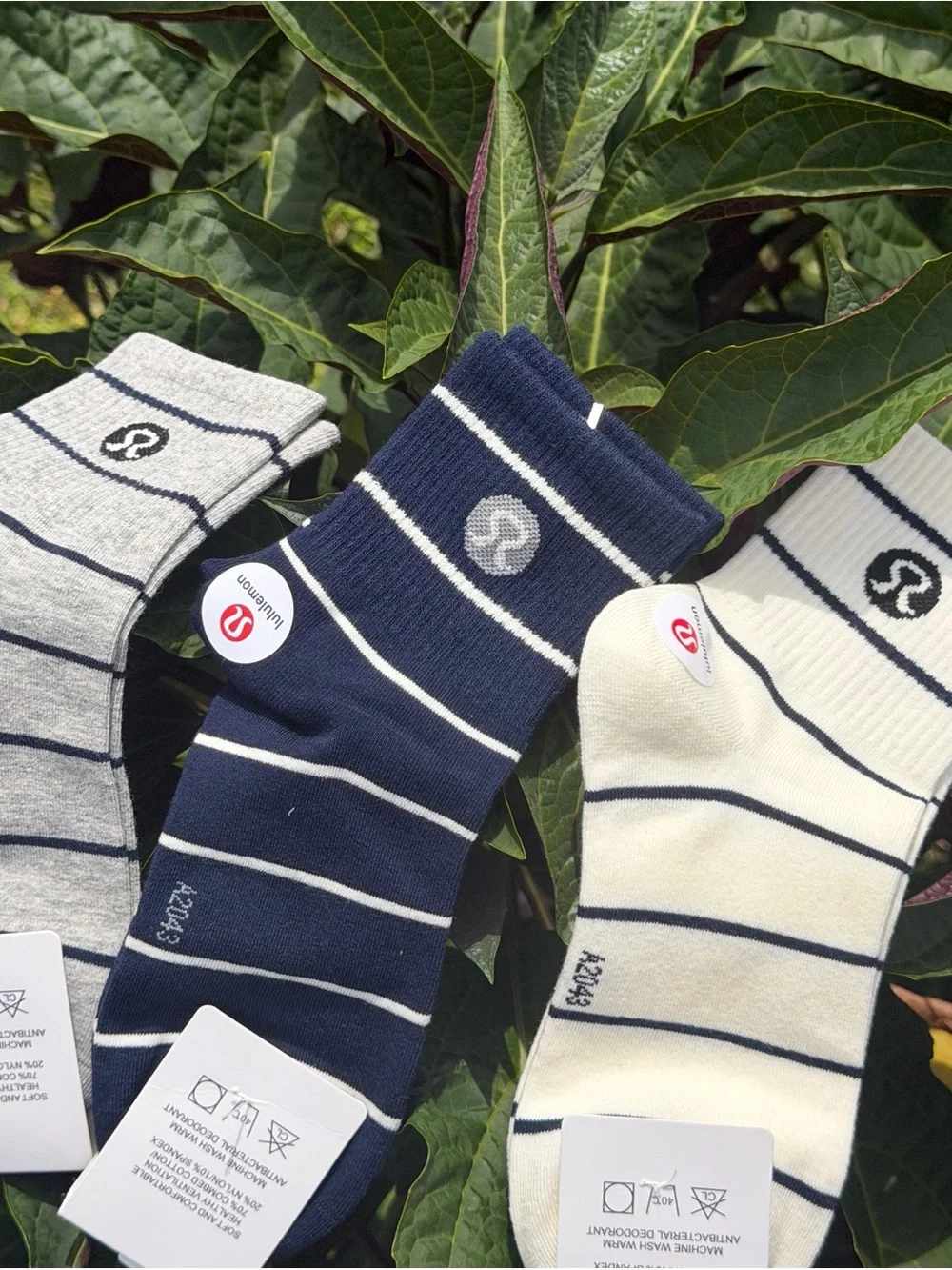 lululemon Striped Crew Socks in Navy, Gray & Cream set of 3
